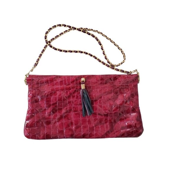 Miss Mak Montreal Pink Patent Leather Croc Embossed Clutch Chain Strap - Picture 2 of 9